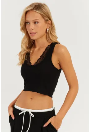 Kadın Siyah Dantel Detaylı Crop Bluz CY446