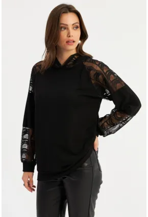 Kadın Siyah Dantel Detaylı Kapüşonlu Sweatshirt MBK58