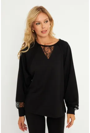 Kadın Siyah Dantel Detaylı Sweatshirt EY2906