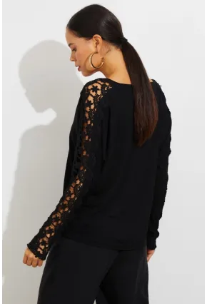 Kadın Siyah Dantel Detaylı V Yaka Bluz BK1622