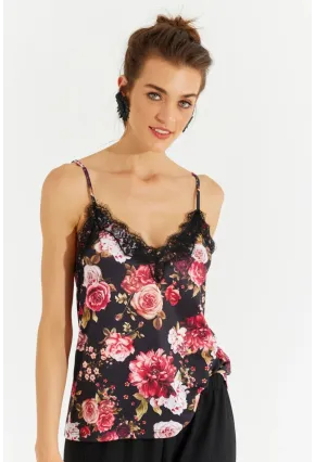 Kadın Siyah Dantelli Askılı Çiçekli Bluz LPP1227