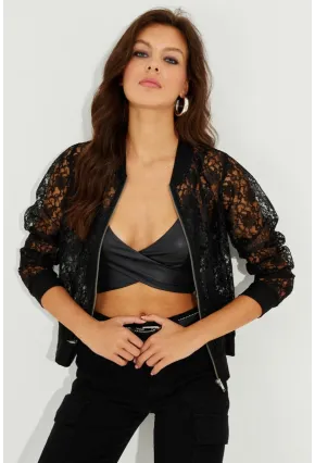 Kadın Siyah Dantelli Fermuarlı Bomber Ceket ST823