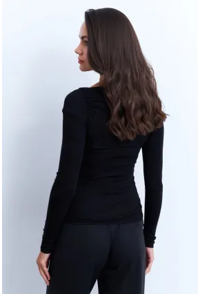 Kadın Siyah Degaje Yaka Büzgülü Bluz AYD386