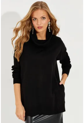 Kadın Siyah Degaje Yaka Cepli Triko Kazak YZ519