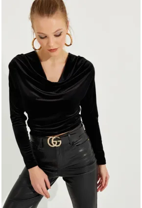 Kadın Siyah Degaje Yaka Kadife Bluz LPP1242
