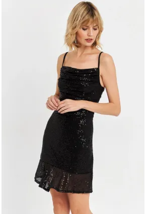 Kadın Siyah Degaje Yaka Pullu Mini Elbise DCF129