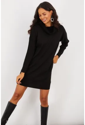 Kadın Siyah Degaje Yaka Triko Mini Elbise YV73
