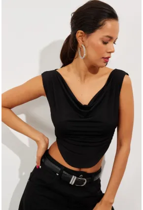 Kadın Siyah Degaje Yaka Yanları Büzgülü Crop Bluz B2494