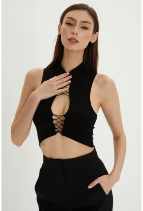 Kadın Siyah Dekolteli Crop Bluz B1610