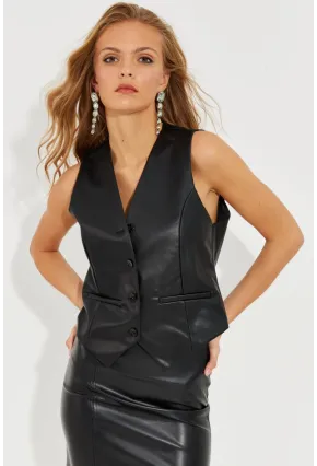 Kadın Siyah Deri Yelek ELA3081