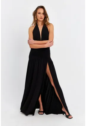 Kadın Siyah Derin Yırtmaçlı Büzgülü Midi Elbise B6008