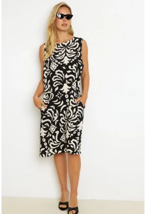 Kadın Siyah Desenli Cepli Midi Elbise YZ1059