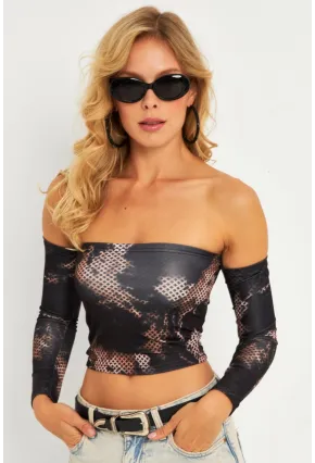 Kadın Siyah Desenli Crop Bluz CG378