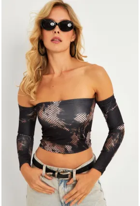 Kadın Siyah Desenli Crop Bluz CG378