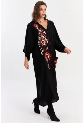 Kadın Siyah Desenli Maxi Dokuma Elbise ALO150