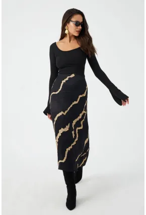 Kadın Siyah Desenli Saten Etek MCAR1060