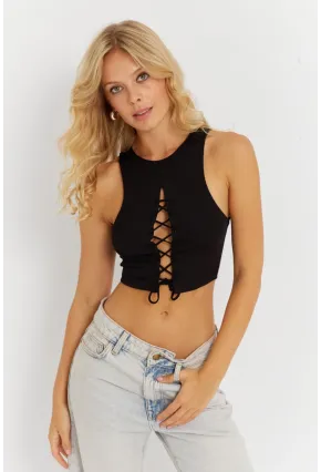 Kadın Siyah Detaylı Crop Bluz AYD375