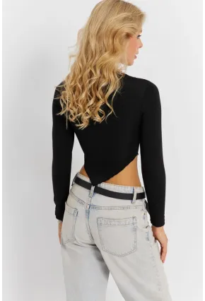 Kadın Siyah Dikişli Crop Bluz CG361