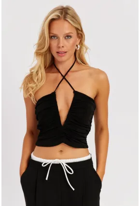 Kadın Siyah Drapeli Crop Bluz KED154