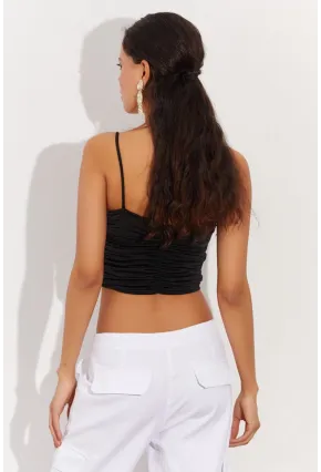 Kadın Siyah Drapeli Crop Bluz LPP1216