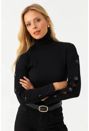 Kadın Siyah Düğme Aksesuarlı Balıkçı Kaşkorse Bluz EY2995