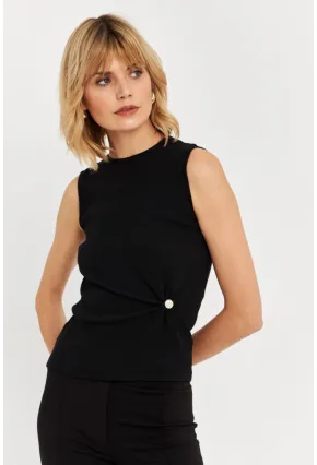 Kadın Siyah Düğme Aksesuarlı Büzgülü Bluz TF72
