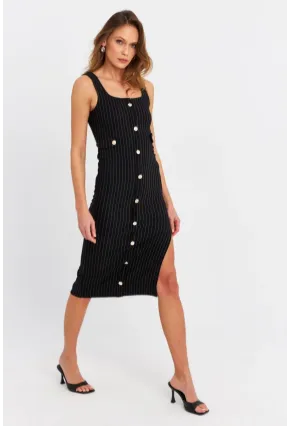 Kadın Siyah Düğme Aksesuarlı Çizgili Midi Elbise SDY1253