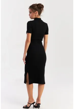 Kadın Siyah Düğme Aksesuarlı Kaşkorse Midi Elbise EY2931