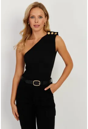 Kadın Siyah Düğme Detaylı Asimetrik Kaşkorse Bluz EY2711