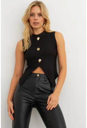 Kadın Siyah Düğme Detaylı Bluz RLO145