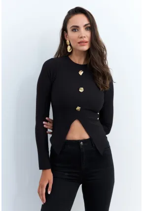 Kadın Siyah Düğme Detaylı Bluz RLO83