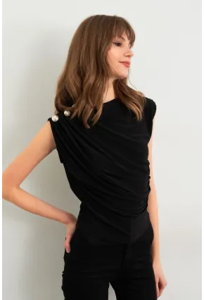Kadın Siyah Düğme Detaylı Büzgülü Bluz LPP1205-1