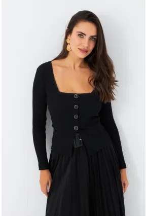 Kadın Siyah Düğme Detaylı Kare Yaka Bluz EY2987