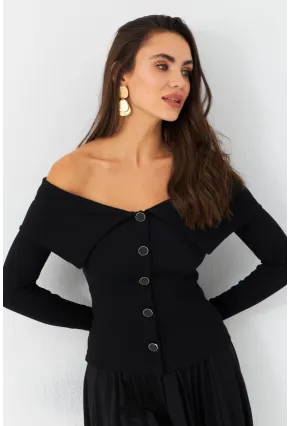 Kadın Siyah Düğme Detaylı Kaşkorse Bluz EY2985