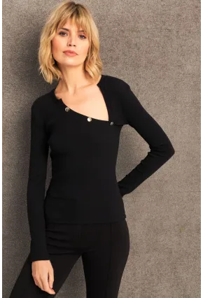 Kadın Siyah Düğme Detaylı Kaşkorse Bluz TF54