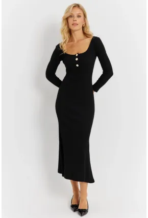 Kadın Siyah Düğme Detaylı Kaşkorse Midi Elbise EY2854