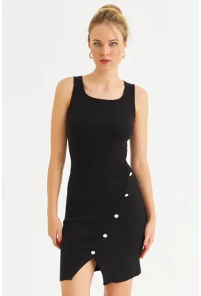 Kadın Siyah Düğme Detaylı Midi Elbise URO1111