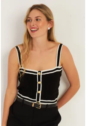 Kadın Siyah Düğme Detaylı Triko Crop Bluz MSS134