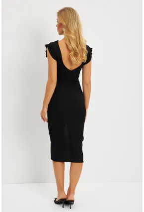Kadın Siyah Düğme Detaylı Triko Midi Elbise YZ635