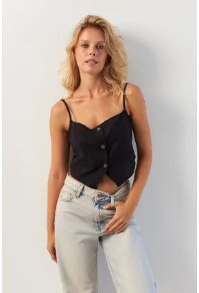 Kadın Siyah Düğmeli İp Askılı Yelek MP20153