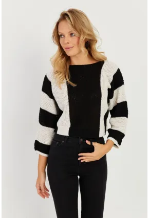 Kadın Siyah-Ekru Ajurlu Triko Kazak YV218