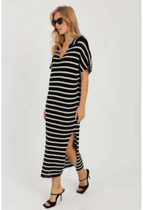 Kadın Siyah-Ekru Ajurlu Triko Midi Elbise YZ622