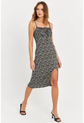 Kadın Siyah-Ekru Askılı Bürümcük Midi Elbise KAB302