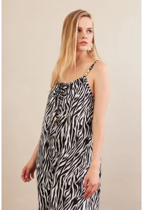 Kadın Siyah-Ekru Boyun Bağlamalı Midi Elbise AN6005