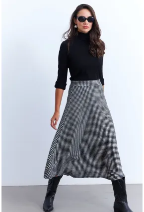 Kadın Siyah-Ekru Desenli Çan Etek LON3007