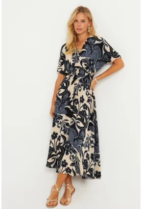 Kadın Siyah-Ekru Desenli Gipeli Midi Elbise YZ1055