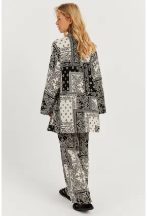 Kadın Siyah-Ekru Desenli Kimono Takım GÇ156