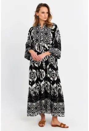 Kadın Siyah-Ekru Desenli Salaş Midi Elbise MALO3002