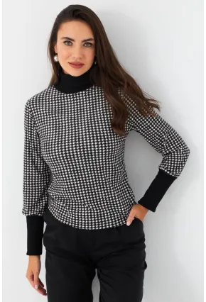 Kadın Siyah-Ekru Kazayağı Balıkçı Bluz EY2972