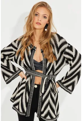 Kadın Siyah-Ekru Kemerli Zikzak Triko Hırka MİW1525